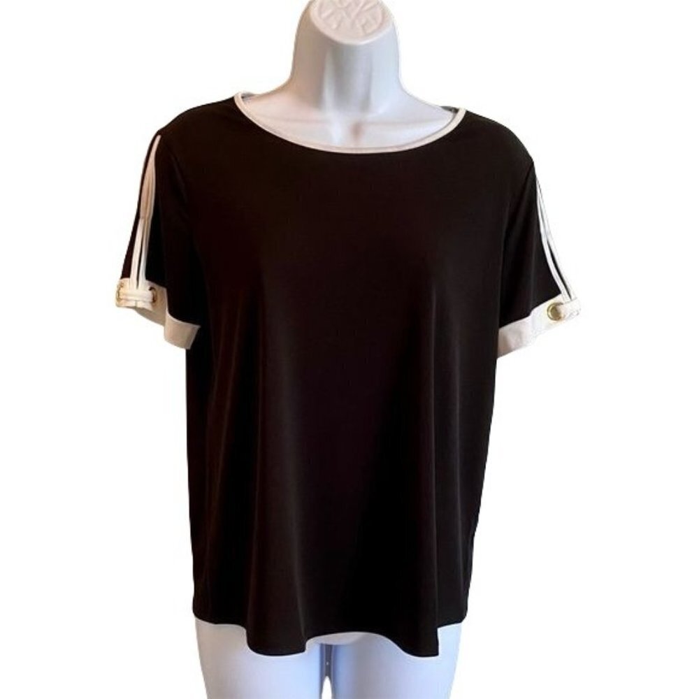 Stitch Collection Black and White Short Sleeve Top Riveted Sleeves Petite Medium
